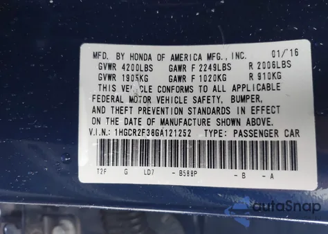 2016 Honda Accord Lx из США, поврежденный, VIN 1HGCR2F38GA121252